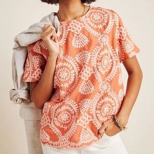 Anthropologie Eri + Ali Coralie Embroidered Blouse Coral Light Pink Scallop